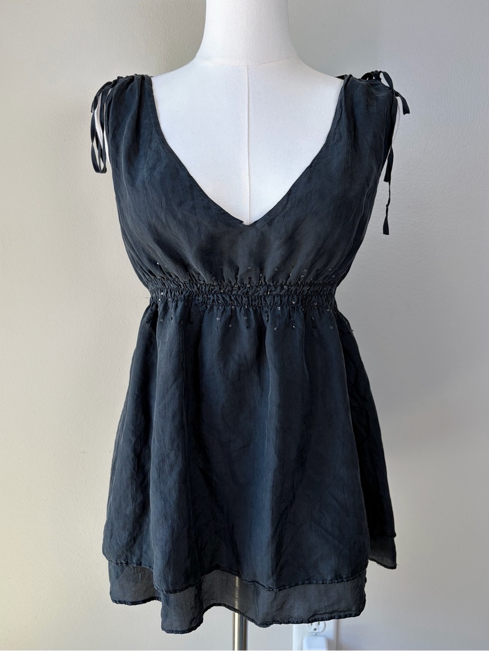 Vintage Express Design Studio Black Silk Sequin Decorated Babydoll Blouse